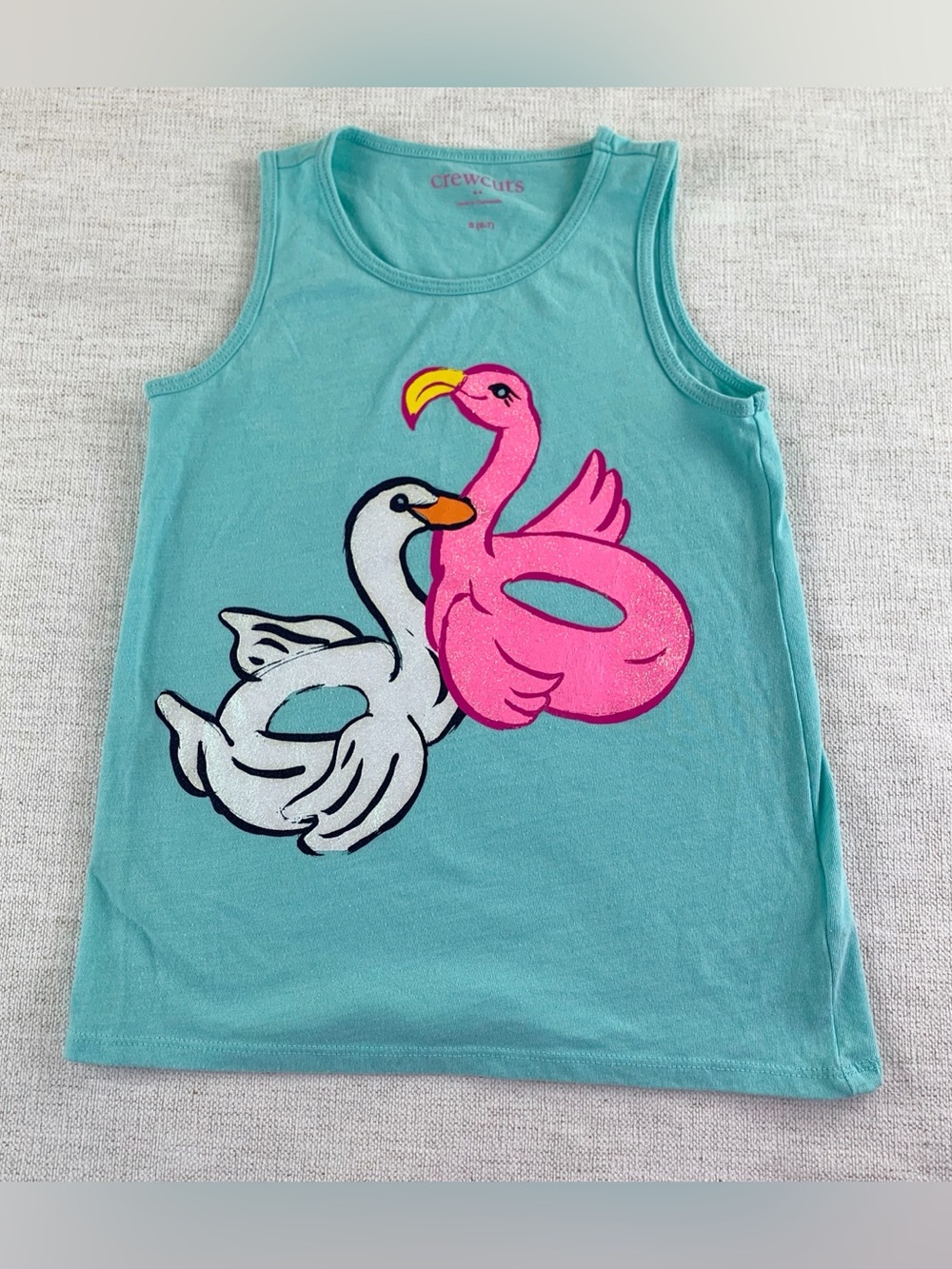 Crewcuts Aqua Tank Top with Pink Flamingo & White Swan Graphic summer girl's S